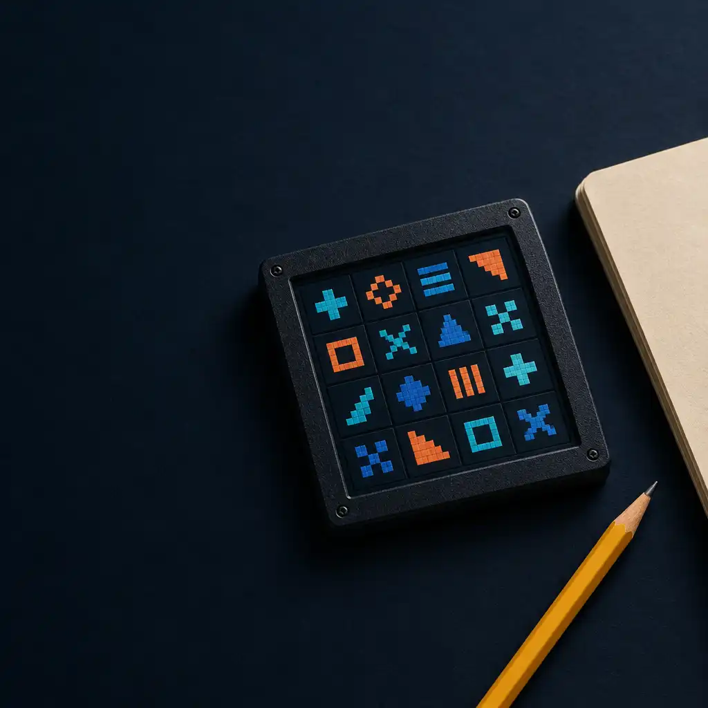 Editorial illustration of abstract pixel symbols on a dark grid beside a notepad and yellow pencil
