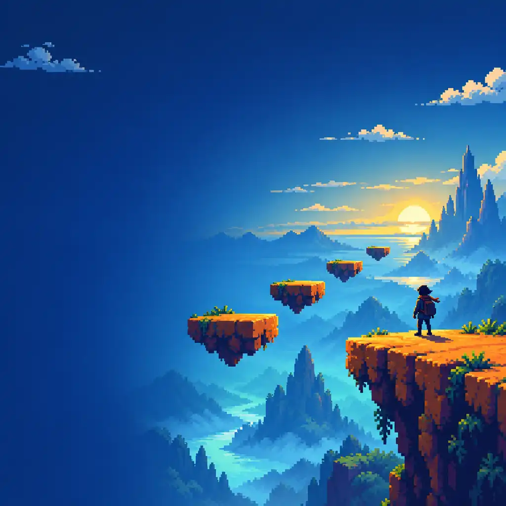 Original pixel-art scene of a small generic adventurer silhouette looking across orange platforms at dawn.