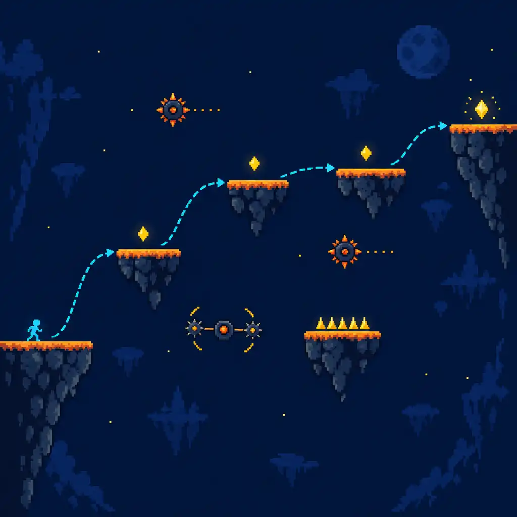 Original teaching diagram with abstract floating platforms, a clear route and generic hazards in a pixel-art scene.