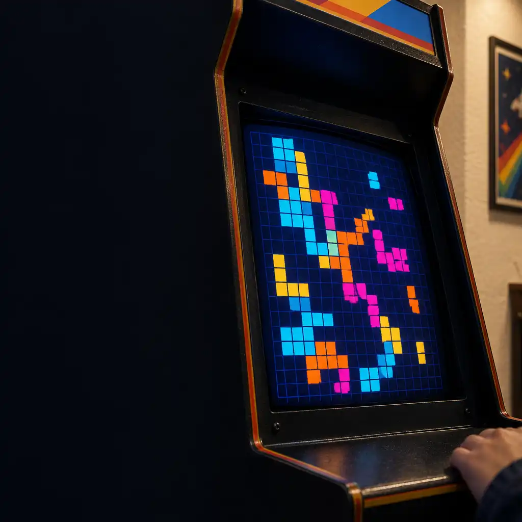 Editorial illustration of an abstract pixel puzzle grid on a dark arcade cabinet display