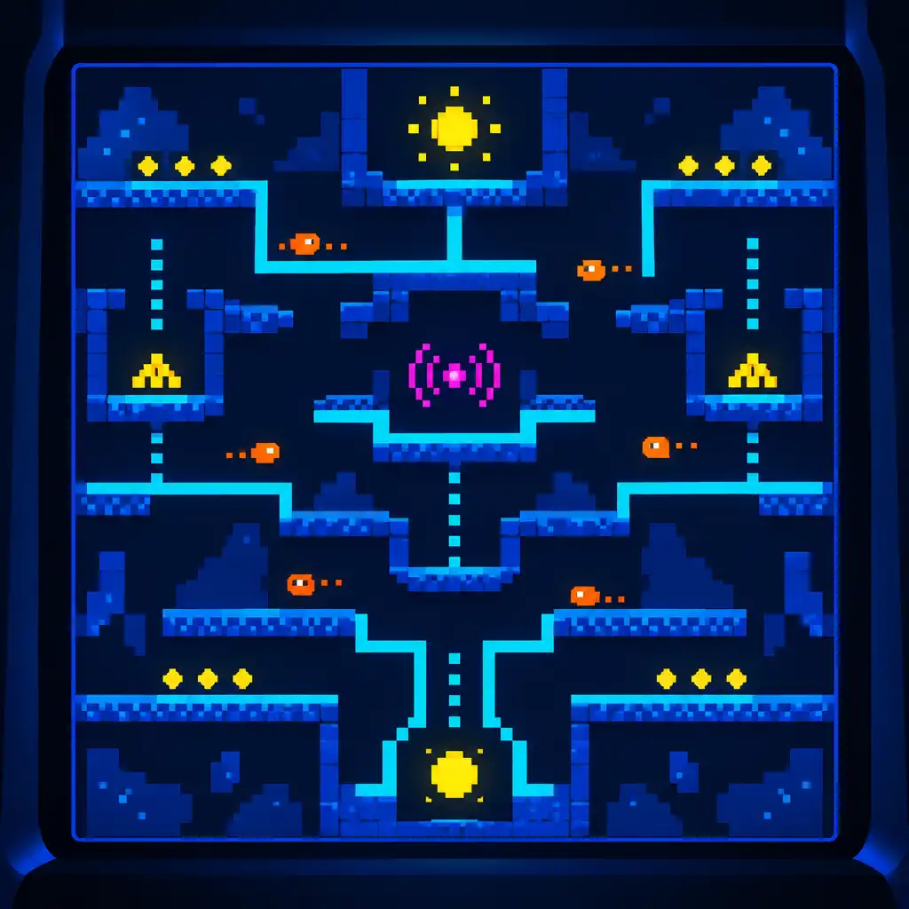 Editorial illustration of an abstract pixel arcade playfield with cyan pathways, yellow focal shapes and layered dark-blue platforms.