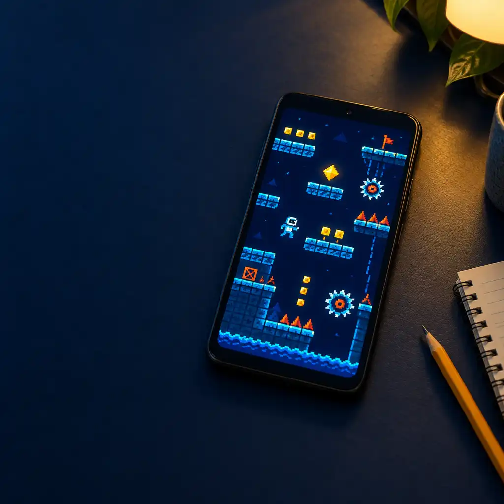 Editorial illustration of a phone on a midnight-blue desk showing an abstract pixel arcade scene beside a notebook and pencil.