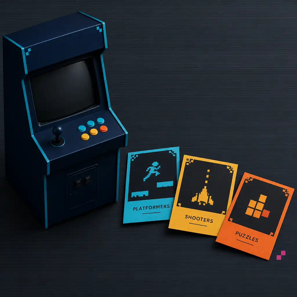 Editorial arrangement of a midnight arcade cabinet silhouette and broad retro genre cards.