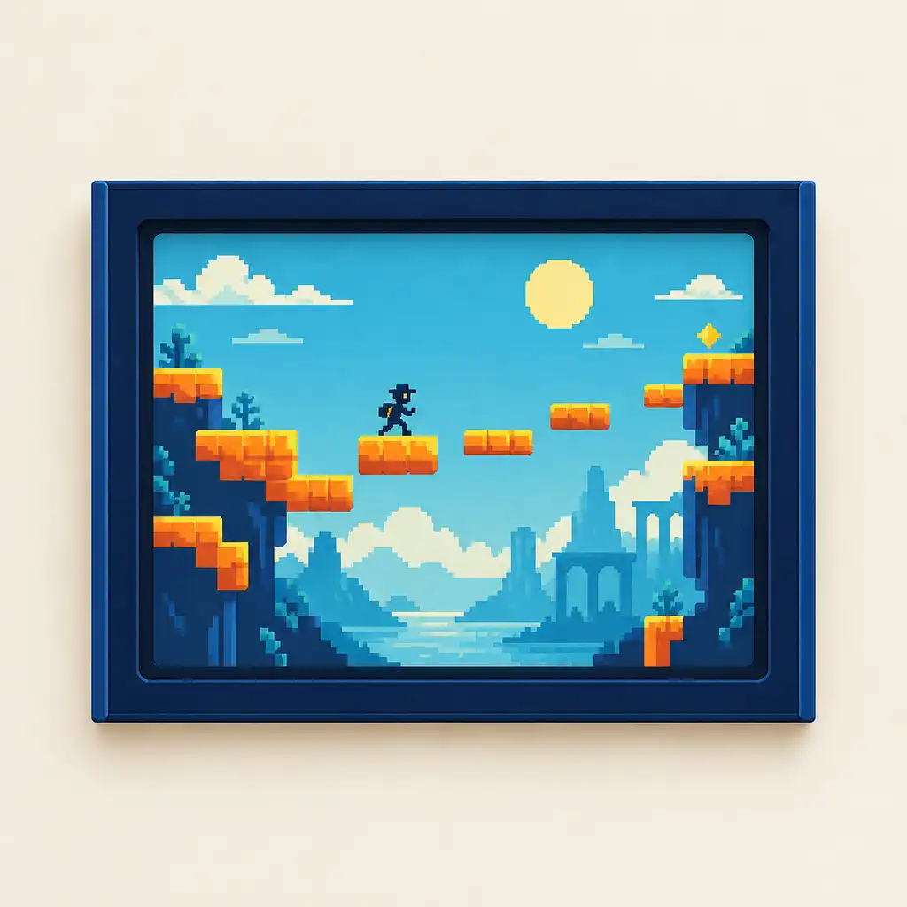 Illustrative pixel-art editorial scene with a small adventurer silhouette moving across stepped blocks.