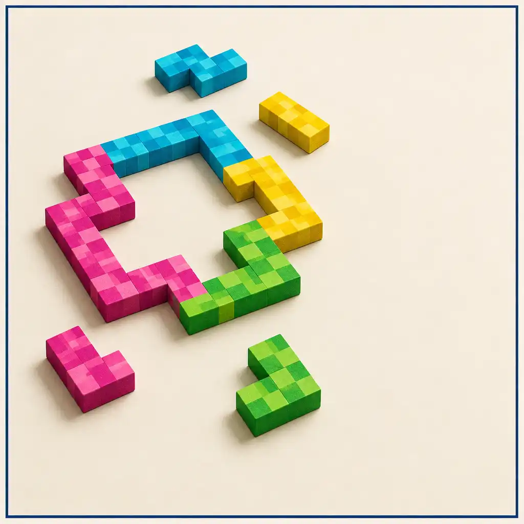 Illustrative arrangement of colourful chunky pixel blocks forming an incomplete geometric path.