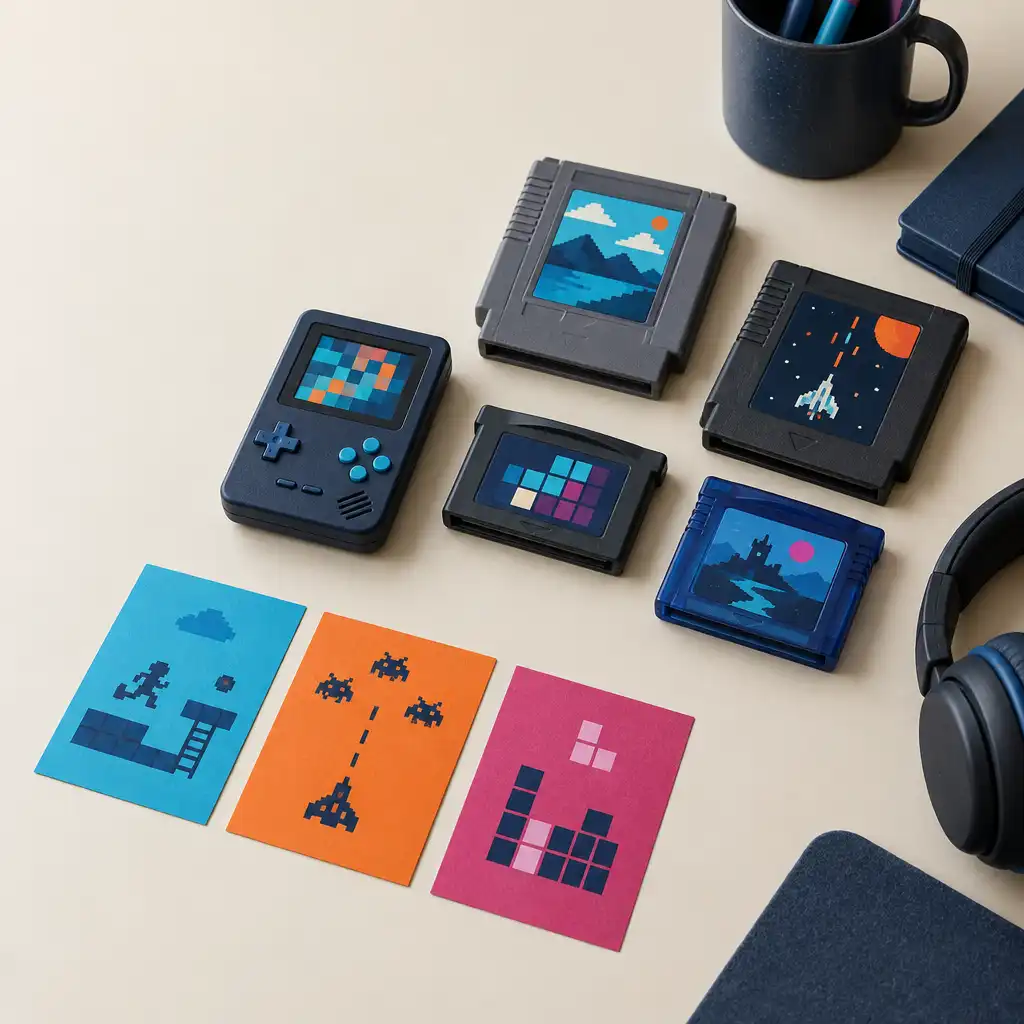 Editorial still life of unbranded retro gaming objects and colour-coded genre cards on a warm desk.