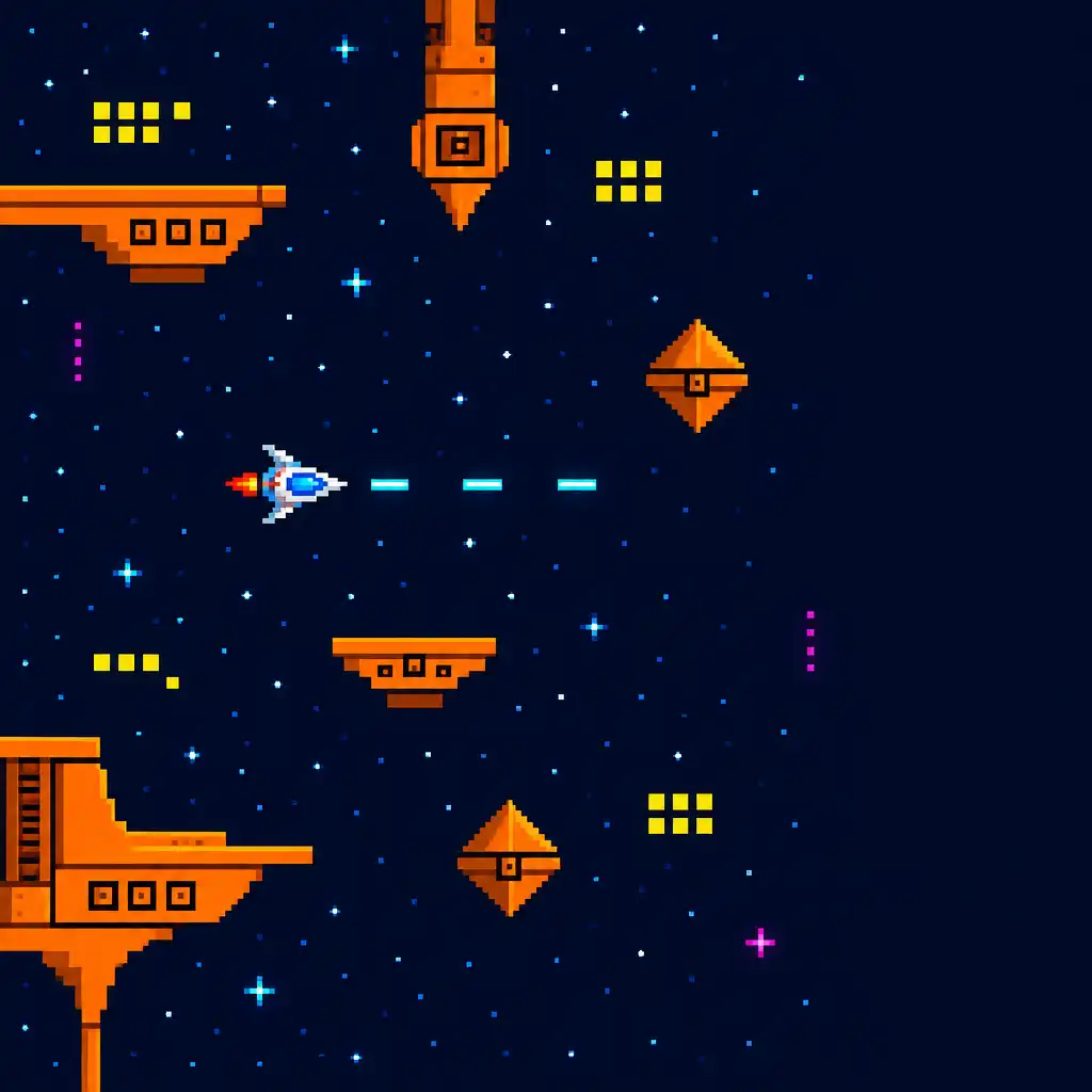 Pixel-art editorial illustration of a small spaceship moving through geometric obstacles in a dark blue starfield.