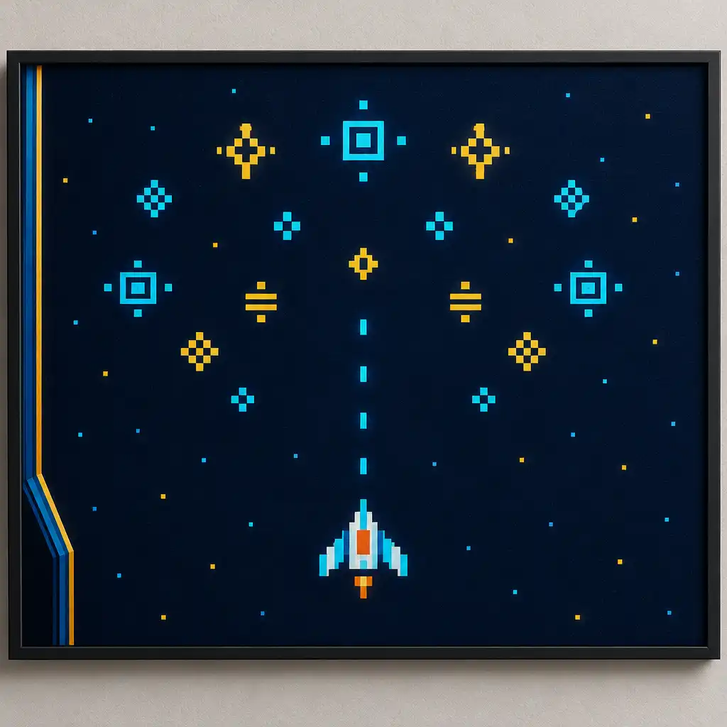 Illustrative pixel-art editorial scene with an abstract spacecraft facing separated geometric signals.