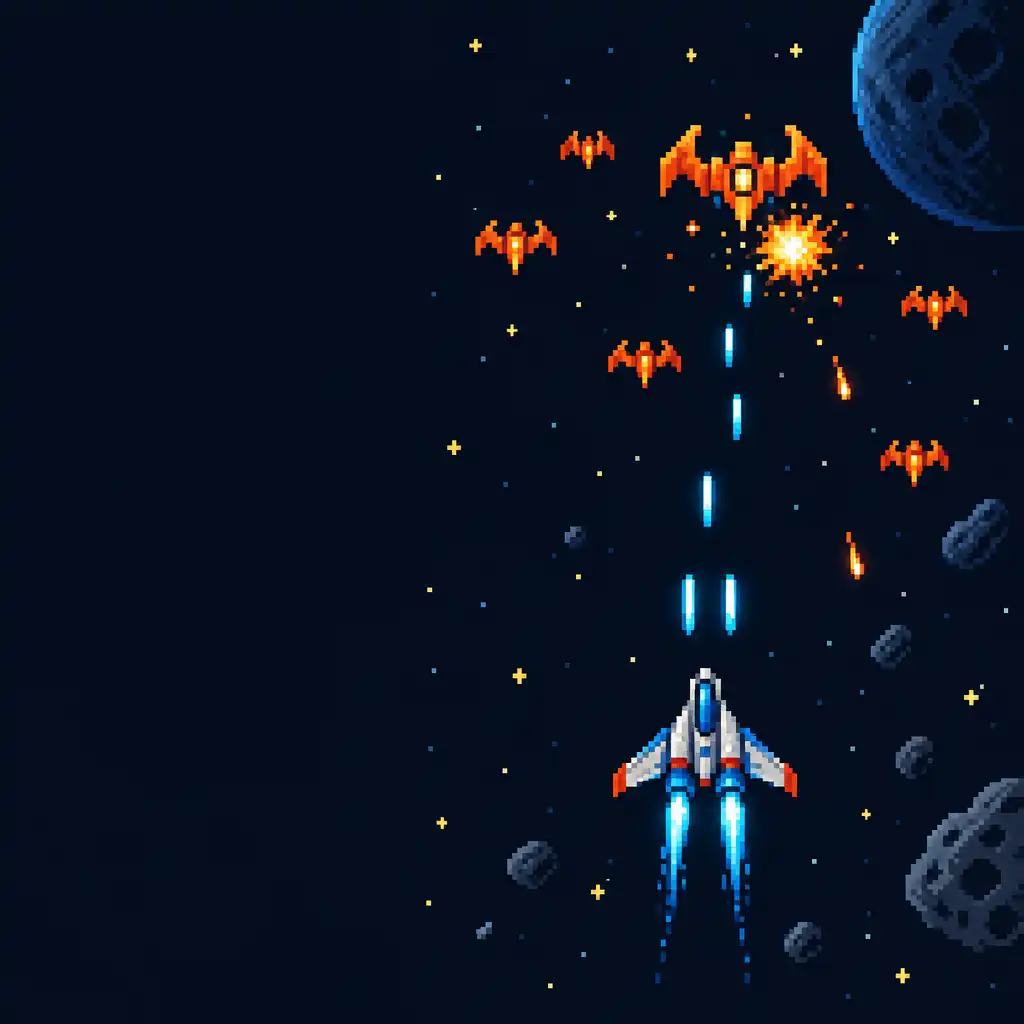Editorial pixel-art illustration of a small spacecraft travelling through a midnight-blue starfield with cyan projectile trails and orange shapes.
