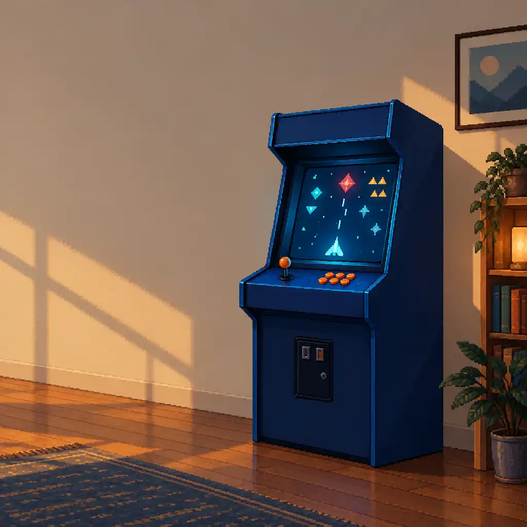 Editorial pixel-art scene of an unbranded midnight-blue arcade cabinet in a warmly lit room, with abstract shooter shapes on its screen.