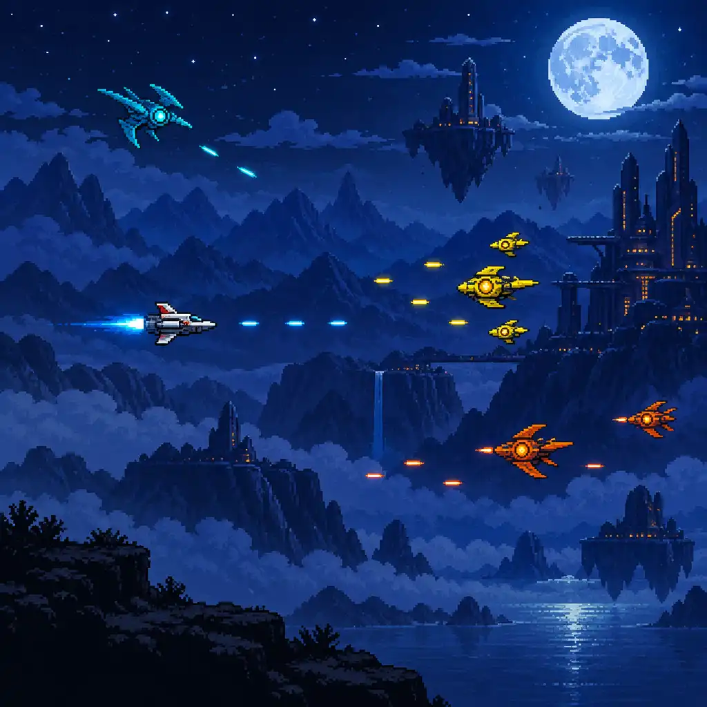 Editorial pixel-art night battle showing a small spacecraft against an indigo skyline with clearly separated cyan, yellow and orange silhouettes.